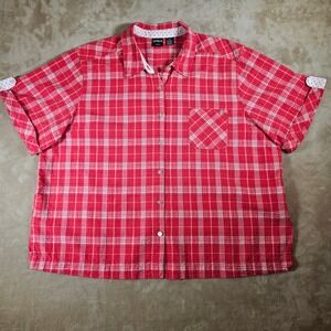 Erika Woman Red White Plaid Seersucker Button Down‎ Shirt Plus Size 4X Cotton